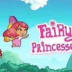 En illustrasjon av en rosa alvprinsesse med vinger som svever over en skog med sopper og en flyvende bie, tekst Fairy Princesses i rosa i bakgrunnen