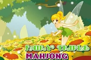 En illustrasjon av en alv med blonde vinger i en gul kjole som står i en skog omgitt av fargerike planter, med teksten Fairy Triple Mahjong nederst