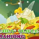 En illustrasjon av en alv med blonde vinger i en gul kjole som står i en skog omgitt av fargerike planter, med teksten Fairy Triple Mahjong nederst