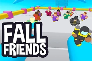 Fargerike figurer løper og konkurrerer på en plattform i et tegneserieaktig miljø med teksten FALL FRIENDS til venstre