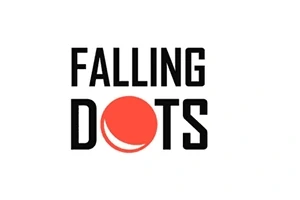 Teksten Falling Dots med en rød sirkel med et lysere buet merke i midten