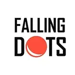 Teksten Falling Dots med en rød sirkel med et lysere buet merke i midten
