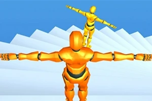 To oransje robotfigurer står med utstrakte armer på en hvit trappeformet struktur foran en blå bakgrunn