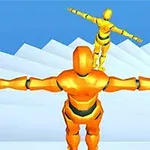 To oransje robotfigurer står med utstrakte armer på en hvit trappeformet struktur foran en blå bakgrunn