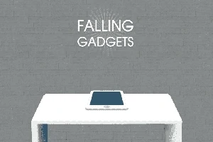 Et nettbrett ligger på et hvitt bord mot en grå bakgrunn med teksten Falling Gadgets ovenfor