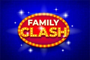 Rødt ovalt skilt med teksten Family Clash i gull omgitt av lyspærer og glitrende stjerner på blå bakgrunn