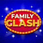 Rødt ovalt skilt med teksten Family Clash i gull omgitt av lyspærer og glitrende stjerner på blå bakgrunn