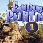 Teksten Famous Paintings 1 i store bokstaver over et bilde av en kirke eller et historisk bygg med spir, omgitt av trær