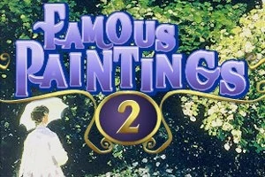 Tegnet skrift med ordene Famous Paintings 2 over en bakgrunn av en kvinne med parasoll i et blomstrende hageomgivelser