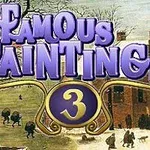 Stor lilla tekst med ordene Famous Paintings 3 over et vinterlandskap med folk og et teglsteinhus