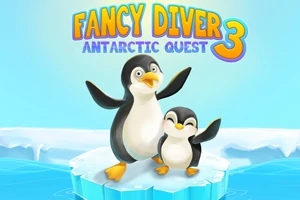 To pingviner står på et isflak med teksten Fancy Diver Antarctic Quest 3 over dem