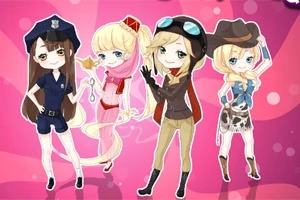 Fire anime-inspirerte figurer kledd som politibetjent, prinsesse, pilot og cowgirl står på en rosa bakgrunn