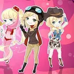 Fire anime-inspirerte figurer kledd som politibetjent, prinsesse, pilot og cowgirl står på en rosa bakgrunn