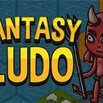 En tegneseriestil illustrasjon med en kriger til venstre og en demon til høyre, med teksten Fantasy Ludo i midten