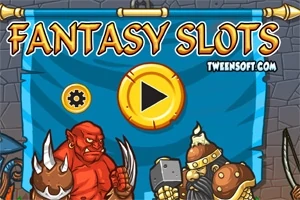 To antegninger karakterer ved siden av en blå banner med teksten Fantasy Slots og en avspillingsknapp i midten