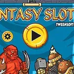 To antegninger karakterer ved siden av en blå banner med teksten Fantasy Slots og en avspillingsknapp i midten