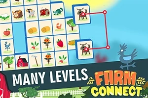 Et lyst og fargerikt brett med ulike små bilder av dyr og grønnsaker, med teksten MANY LEVELS og FARM CONNECT i forgrunnen