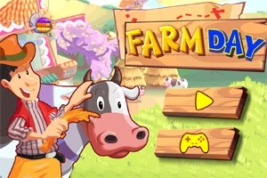 En tegneserieaktig bonde står ved siden av en ku med teksten Farm Day i bakgrunnen