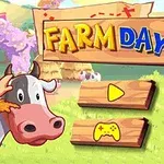 En tegneserieaktig bonde står ved siden av en ku med teksten Farm Day i bakgrunnen