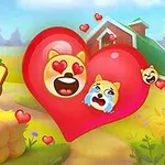 To hundelignende emojier med hjerteøyne og gråtende ansikter er inne i et stort rødt hjerte, med en gårdsbygning i bakgrunnen og teksten FARM FUN ved siden