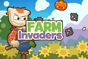 En animerte fugleskremsel med våpen står foran en bakgrunn av blomster og svevende fiender i en tegnet stil, med teksten FARM Invaders sentralt i bildet
