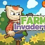 En animerte fugleskremsel med våpen står foran en bakgrunn av blomster og svevende fiender i en tegnet stil, med teksten FARM Invaders sentralt i bildet