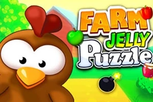 Tegneseriekylling med stor oransje nebb foran en gårdsbygning og teksten Farm Jelly Puzzle med fargerike bokstaver og en bombe