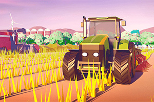 En grønn traktor kjører gjennom en åker med gule kornstilker, omgitt av åser og trær med siloer og vindmøller i bakgrunnen