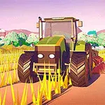 En grønn traktor kjører gjennom en åker med gule kornstilker, omgitt av åser og trær med siloer og vindmøller i bakgrunnen