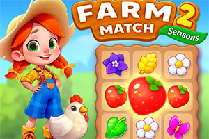 En tegnet jente med rødt hår står ved siden av en høne foran et brett med frukt og blomster, med teksten FARM MATCH 2 Seasons øverst