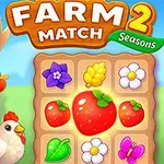 En tegnet jente med rødt hår står ved siden av en høne foran et brett med frukt og blomster, med teksten FARM MATCH 2 Seasons øverst