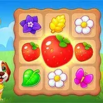 En tegnet bondejente med hatt og en hund ved siden av et puslespillbrett med frukt og blomstersymboler