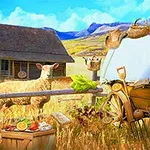 En sau står i en landlig scene med en låve i bakgrunnen, omgitt av diverse frukter, grønnsaker, og gårdsredskaper under en klar blå himmel