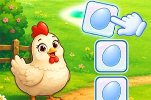 Tegnet høne ved tre blå kort med egg-symboler på en grønn eng