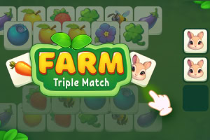 Fargerike kort med frukt, grønnsaker og dyr, med teksten FARM Triple Match i midten og en håndpeker mot ett av kortene