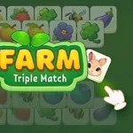 Fargerike kort med frukt, grønnsaker og dyr, med teksten FARM Triple Match i midten og en håndpeker mot ett av kortene