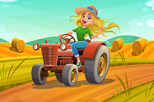 En animerte kvinne med langt blondt hår og hatt kjører en rød traktor gjennom et landskap med kornballer og åkre