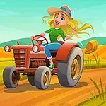 En animerte kvinne med langt blondt hår og hatt kjører en rød traktor gjennom et landskap med kornballer og åkre