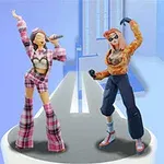 To figurer i fargerike antrekk danser og synger på en futuristisk scene med en blå bakgrunn