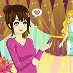 To anime-jenter står foran et gardin; den ene snakker med en talemelding med et hjerte i