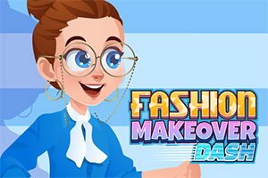 Smilende tegneseriekvinne med briller og blå skjorte ved siden av fargerik «Fashion Makeover Dash»-tekst