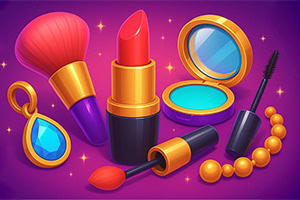 Smykker og sminkeprodukter som leppestift, makeupbørste, øyenskygge og mascara på en lilla bakgrunn