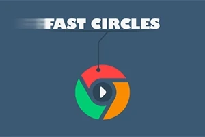 Tekst FAST CIRCLES over et flerfarget sirkulært symbol med en play-knapp i midten på blå bakgrunn
