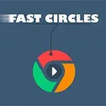 Tekst FAST CIRCLES over et flerfarget sirkulært symbol med en play-knapp i midten på blå bakgrunn