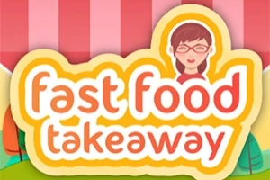 Tegneserieaktig logo med teksten fast food takeaway og bilde av en person med briller mot en stripete bakgrunn