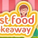 Tegneserieaktig logo med teksten fast food takeaway og bilde av en person med briller mot en stripete bakgrunn