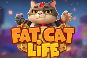 En tegneseriekatt med en rød prikk på hodet holder en plakat med teksten Fat Cat Life