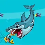 En tegnet hai spiser en mindre fisk i et undervannsmiljø med koraller og små fisk i bakgrunnen