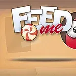 Tegneseriefigur med rødt ansikt og store øyne ved siden av en godteri-logo med teksten FEED me