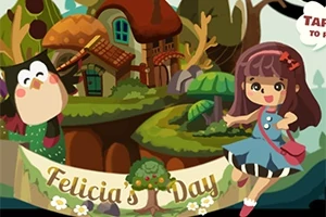 En tegneserieillustrasjon med en figur i blå kjole, en ugle, og et koselig hus i en skog med teksten Felicias Day